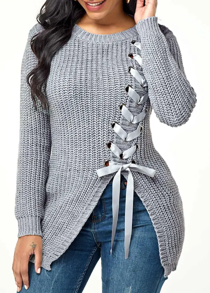 Asymmetric Hem Lace Up Pullover Sweater with Acid washed pocket skinny jeans