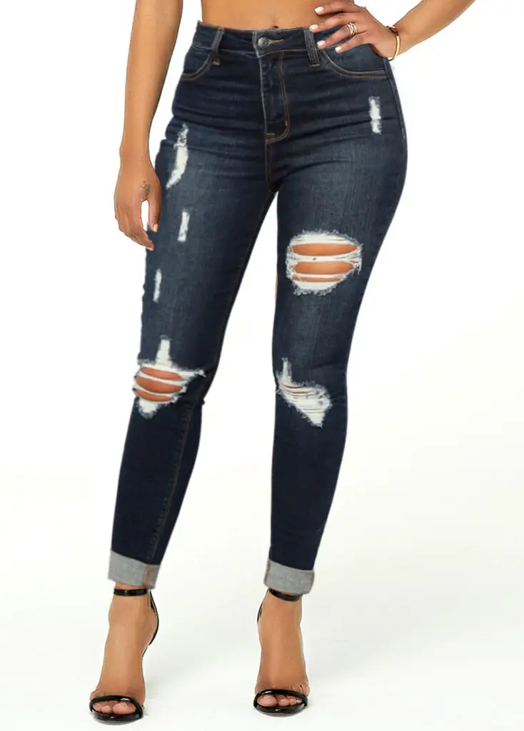 Mid Waist Shredded Roll Hem Pocket Jeans