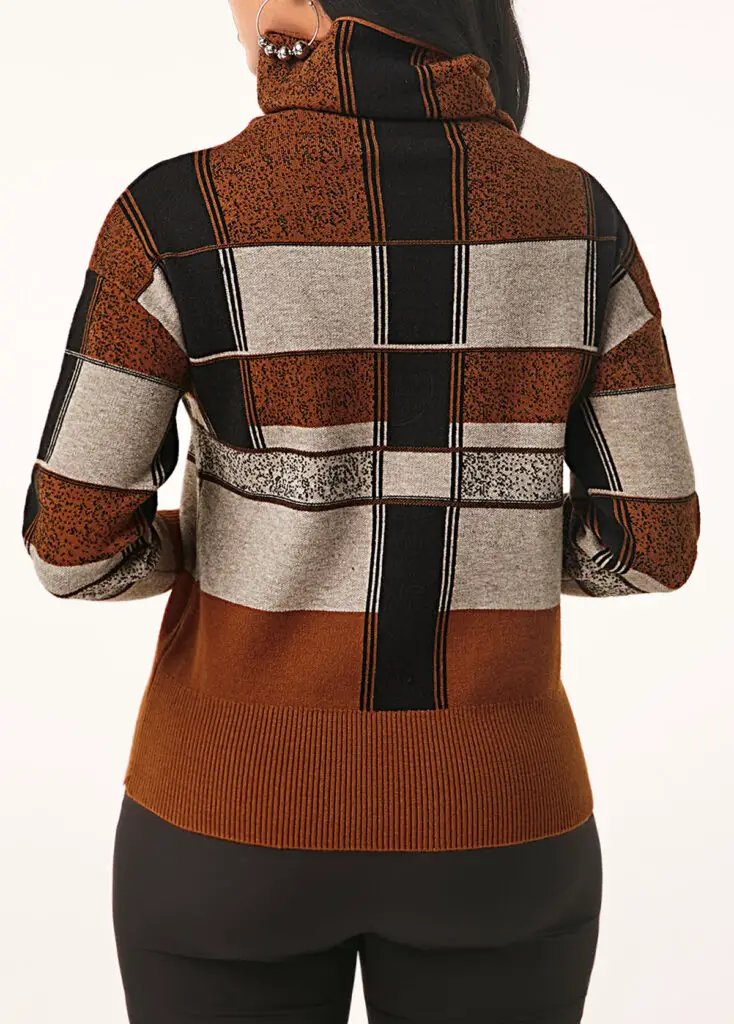 Plaid Pattern Turtleneck Long Sleeve Sweater Back
