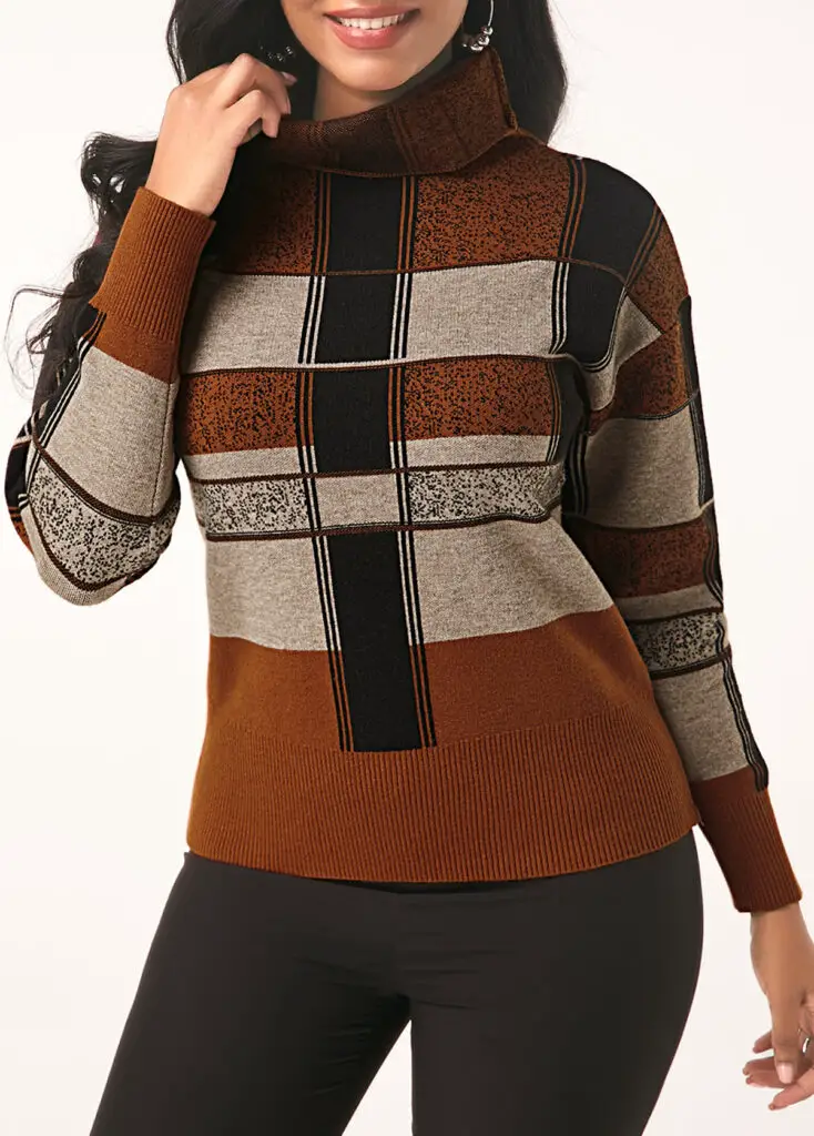 Plaid Pattern Turtleneck Long Sleeve Sweater Front