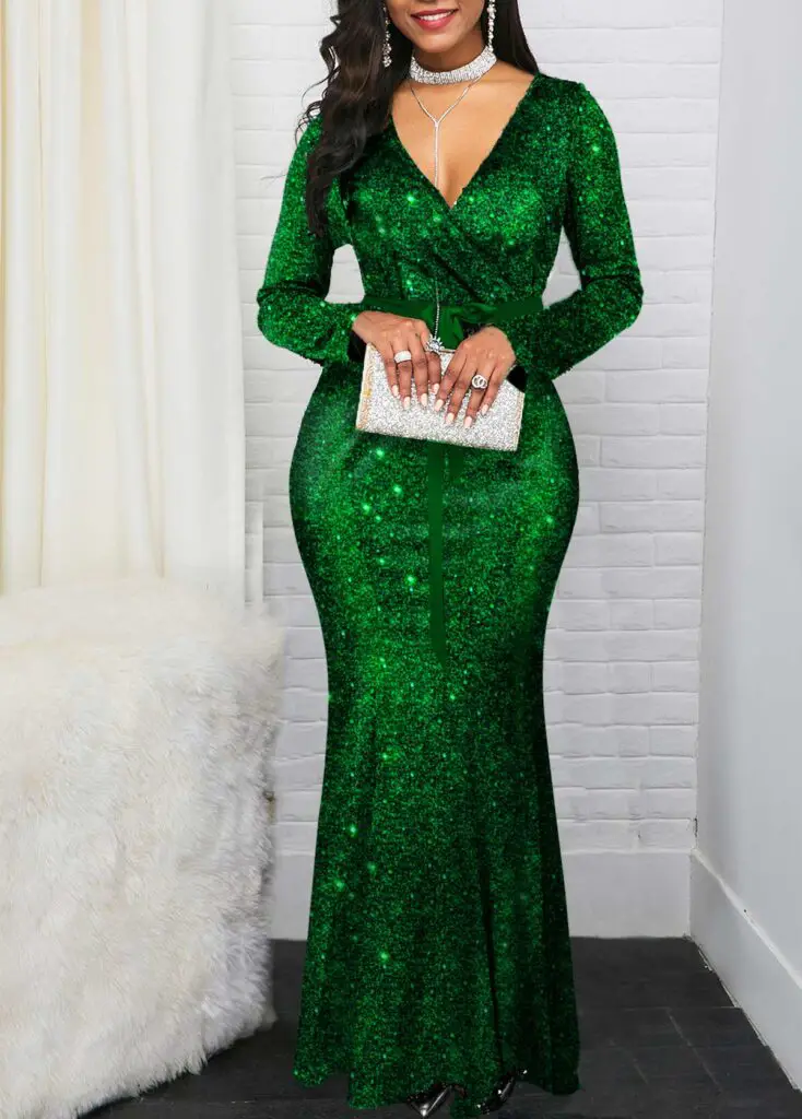 Shining V Neck Long Sleeve Mermaid Dress