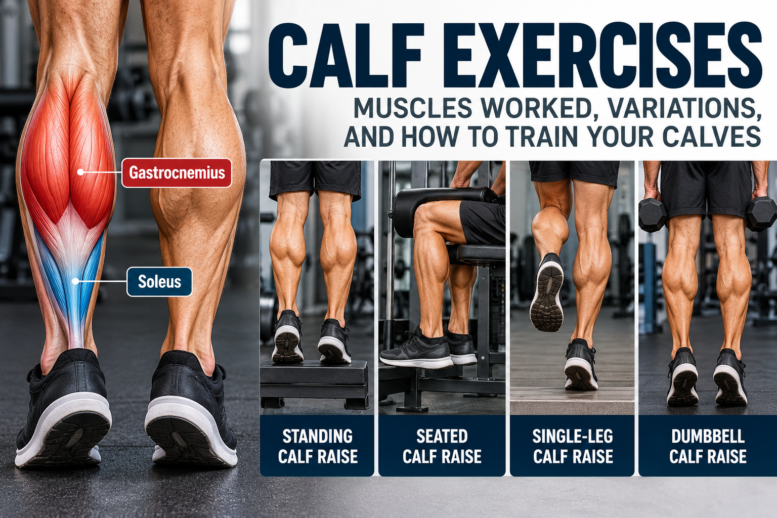 Calf muscle anatomy and standing, seated, single-leg, and dumbbell calf raise exercises.