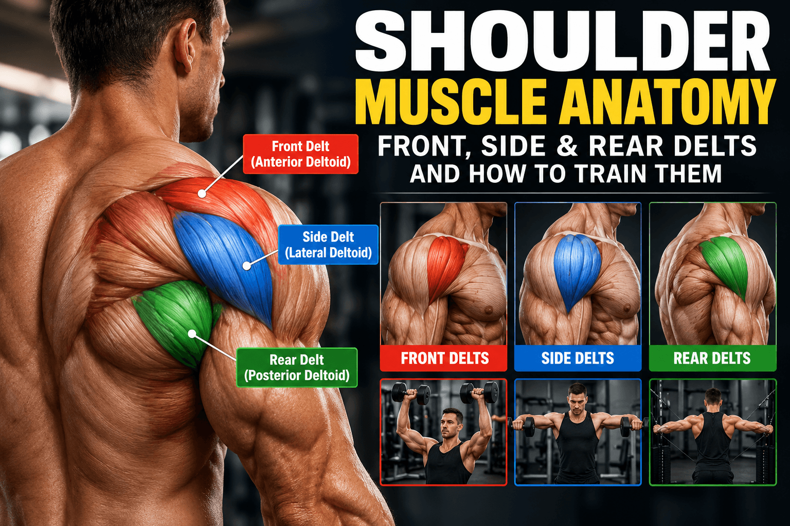Shoulder muscle anatomy showing the front, side, and rear deltoids